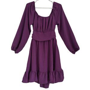 Purple long sleeve dress with bow at back and ruffle at hem, polyester, size M